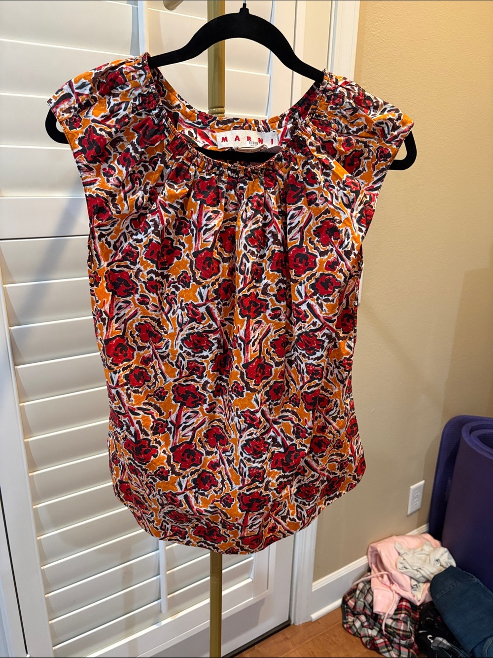 Marni Multi-Floral Scoop Neck Cap-Sleeve Top Blouse Orange Red Cotton